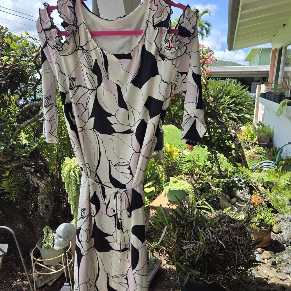 Ivanka Trump Cream, Black & Pink Floral Midi Dress
